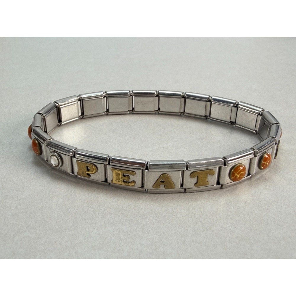 Italian Charm Bracelet PEAT Letters Orange Flower Rhinestone Two Tone Stretch